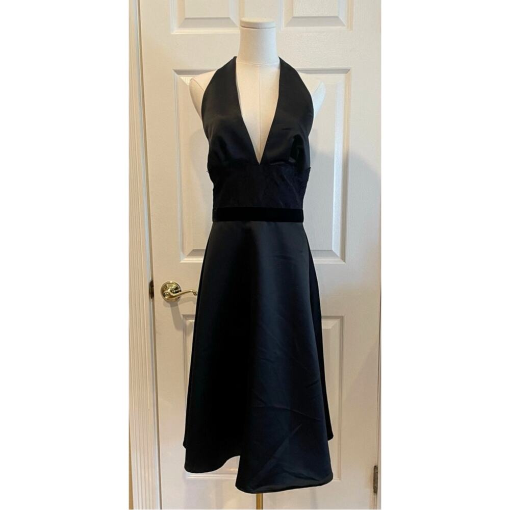 White House Black Market Black Satin Halter Dress Lace Velvet Accent Sz 10